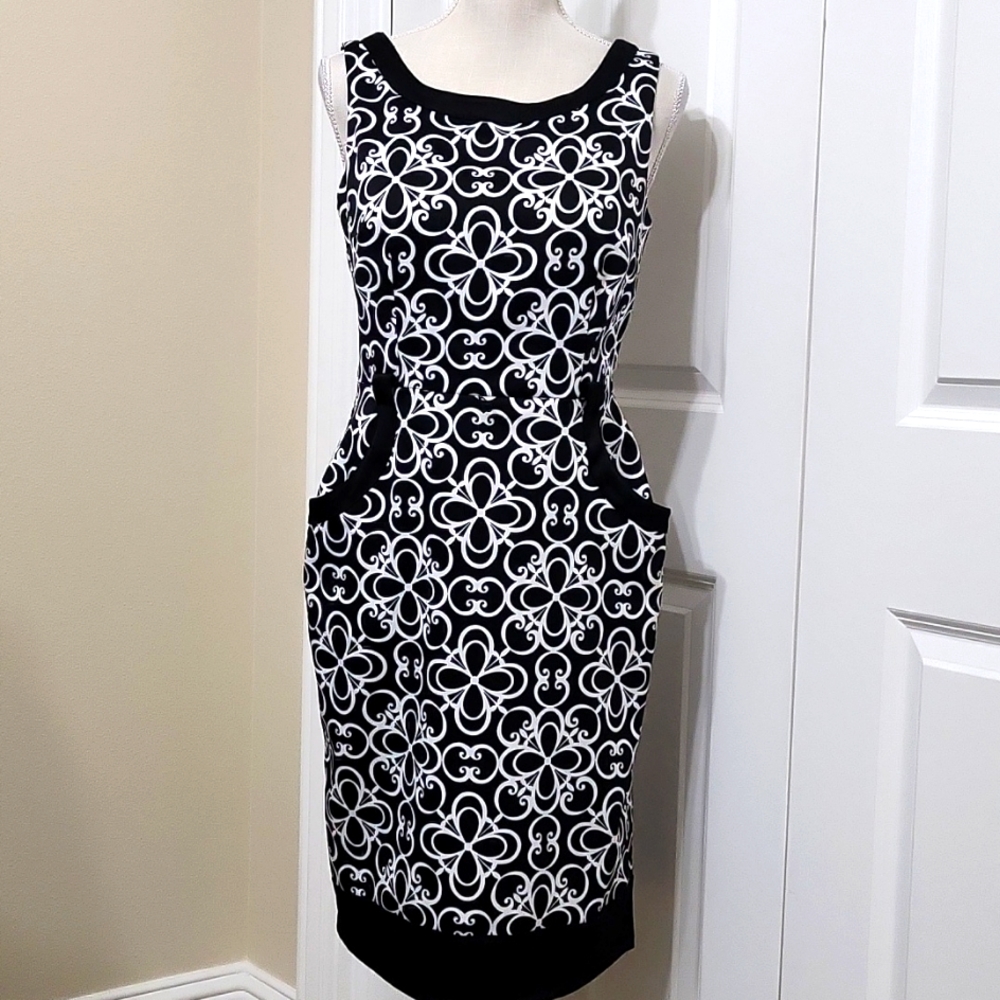LONDON TIMES BEAUTIFUL BLACK & WHITE GEOMETRIC PRINT DRESS SZ 8